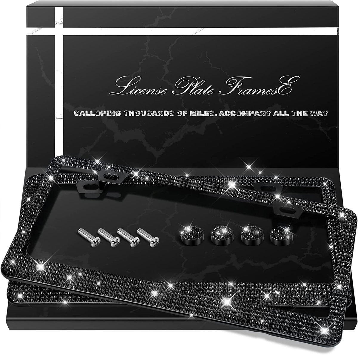 2 Pack Bling License Plate Frames, Sparkly Rhinestone Diamond Car License Plate Cover for Women, Stainless Steel Car Accessories with Glitter Crystal Caps (Black)