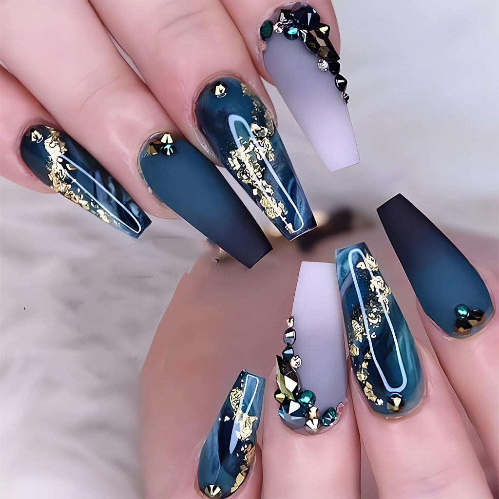 Long Press on Nails Navy Blue Coffin Fake Nails French Marble False Nails with Glitter Designs Rhinestones Glue on Nail Matte Stick on Artificial Nails for Women 24Pcs