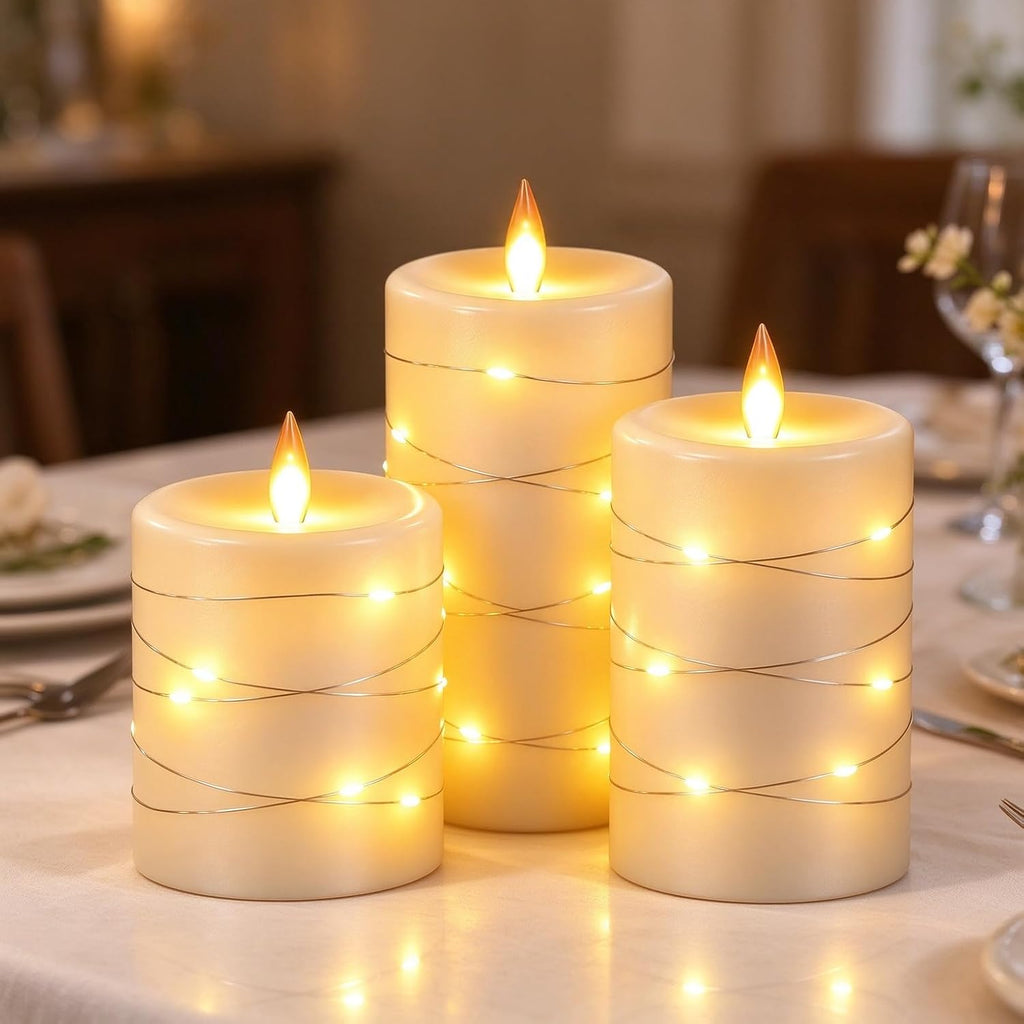 3 Pack Ivory Real Wax Flameless Taper Candles, Lifelike Flickering LED Flame Candles with Surrounding Copper String Lights, Soft Warm Battery Candles with Remote for Home Wedding Holiday Decor