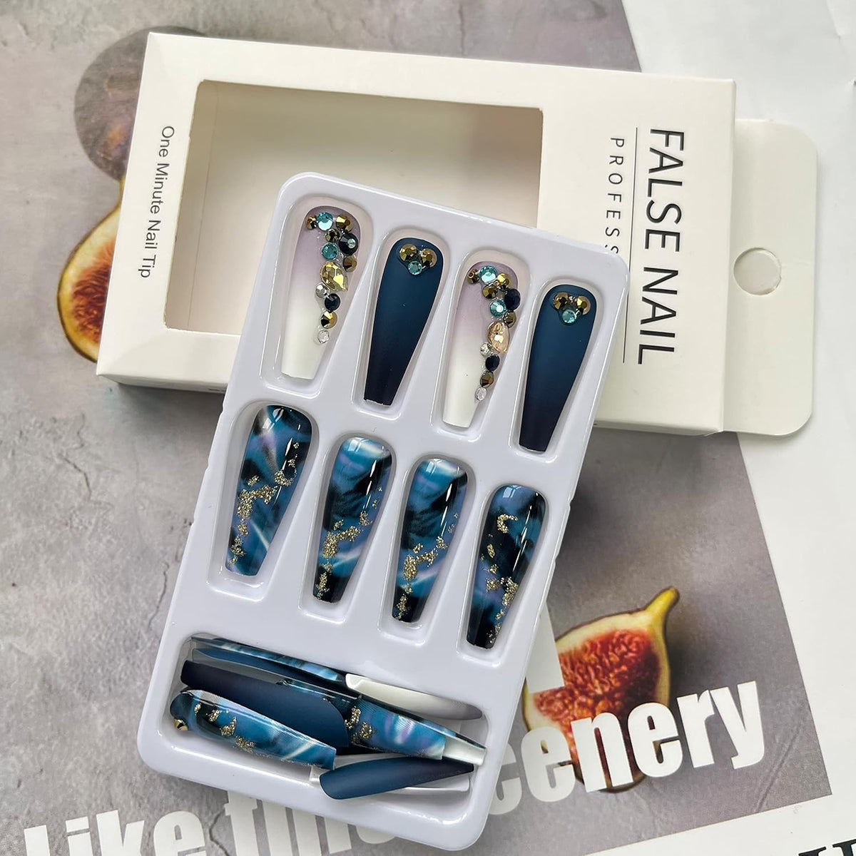 Long Press on Nails Navy Blue Coffin Fake Nails French Marble False Nails with Glitter Designs Rhinestones Glue on Nail Matte Stick on Artificial Nails for Women 24Pcs