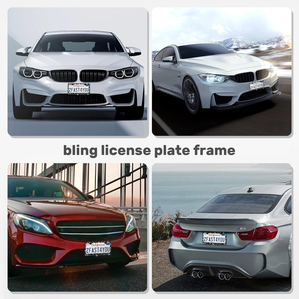 2 Pack Bling License Plate Frames, Sparkly Rhinestone Diamond Car License Plate Cover for Women, Stainless Steel Car Accessories with Glitter Crystal Caps (Black)