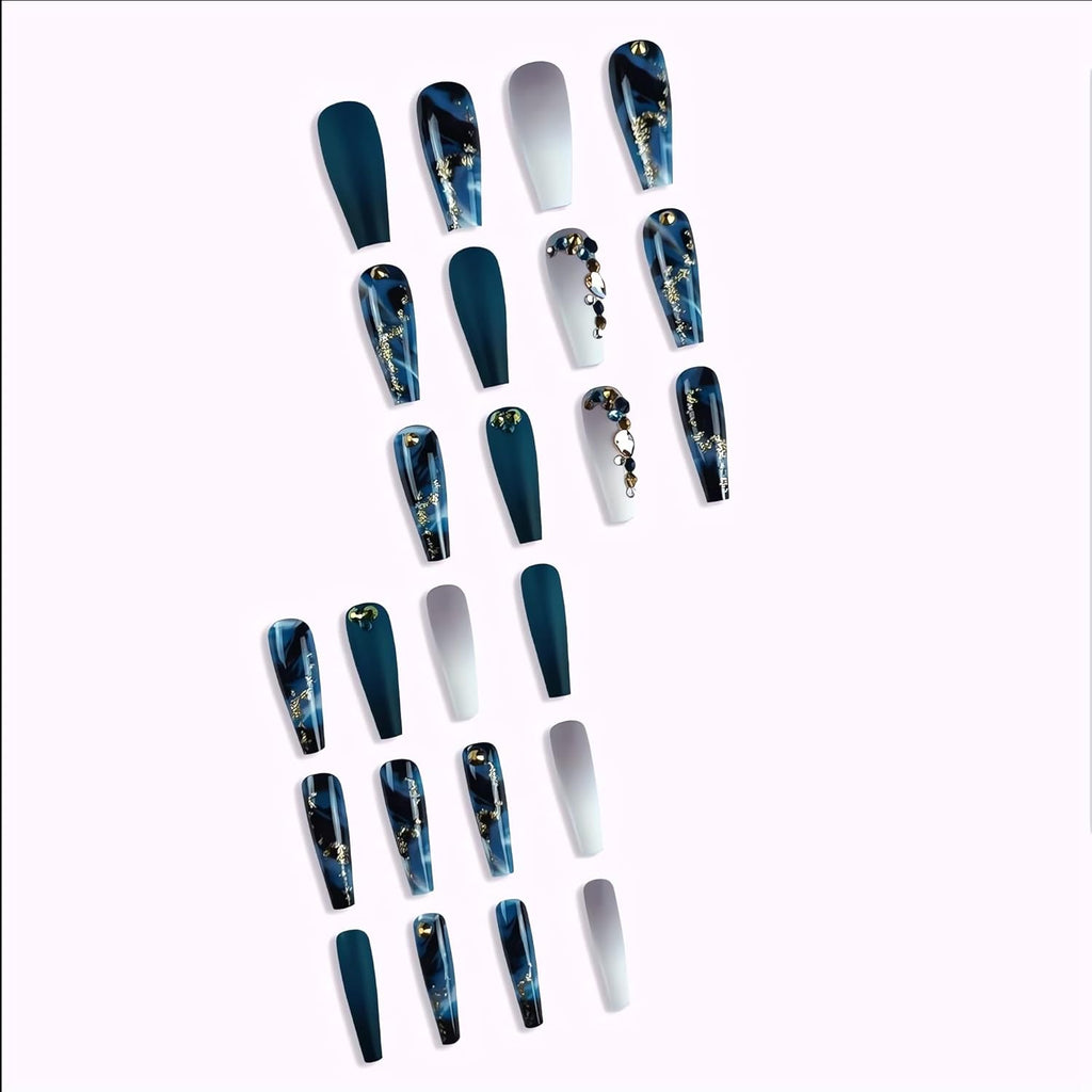 Long Press on Nails Navy Blue Coffin Fake Nails French Marble False Nails with Glitter Designs Rhinestones Glue on Nail Matte Stick on Artificial Nails for Women 24Pcs