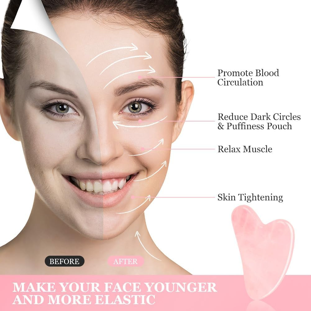 Gua Sha Facial Tools Rose Quartz Guasha Tools for Face & Eye Gua Sha Stone Skin Care Body Tighten Skin Massage Tools for Puffiness Reducing & Jawline Sculpting Face Stone Gua Sha Tools (Pink)